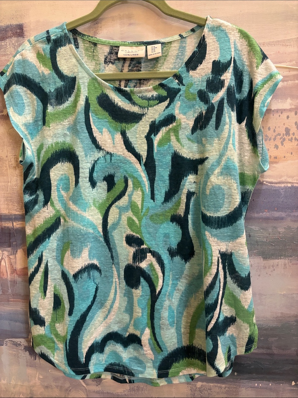 Calypso St. Barth 100% Linen Blue and Green Abstract Short Sleeve Tee